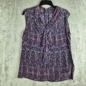 Vintage Banana Republic Top Medium Purple Patterned Silk Ruffle Neck Lightweight